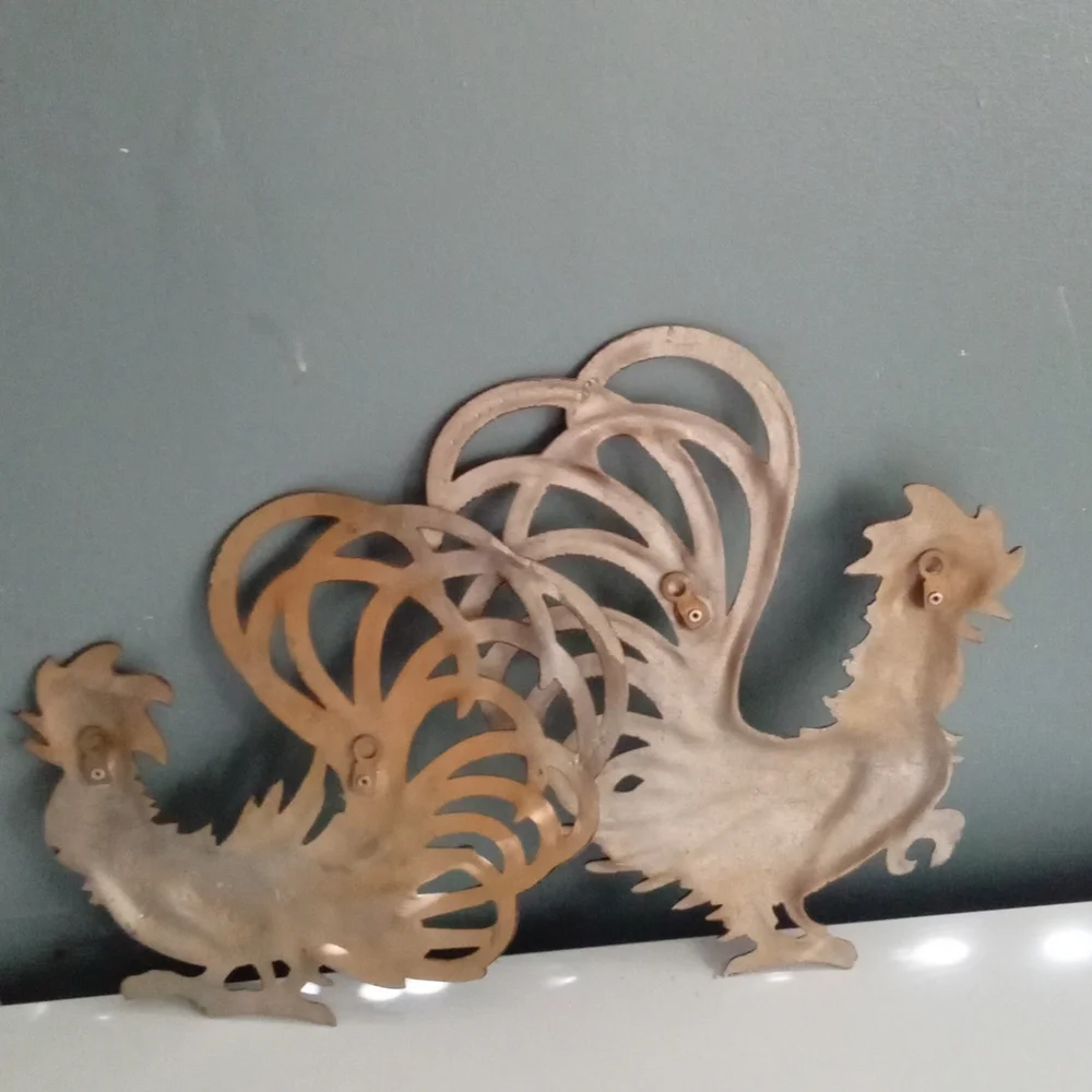 Vintage Metal Rooster Pair Wall‎ Decor Farmhouse Country Garden Art